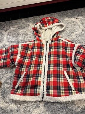LF Red Plaid Hooded Jacket with Sherpa Trim
